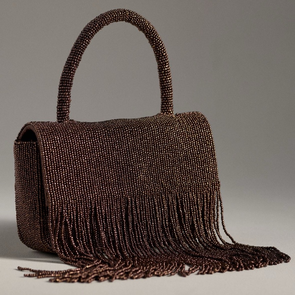 Anthropologie Beaded Chocolate Brown Fringe Handbag